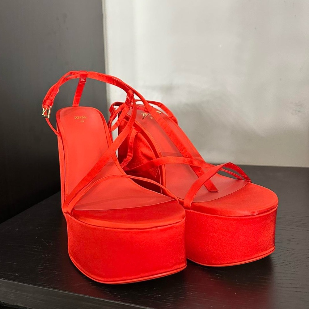 Zara Orange String Platform Heels - image 1